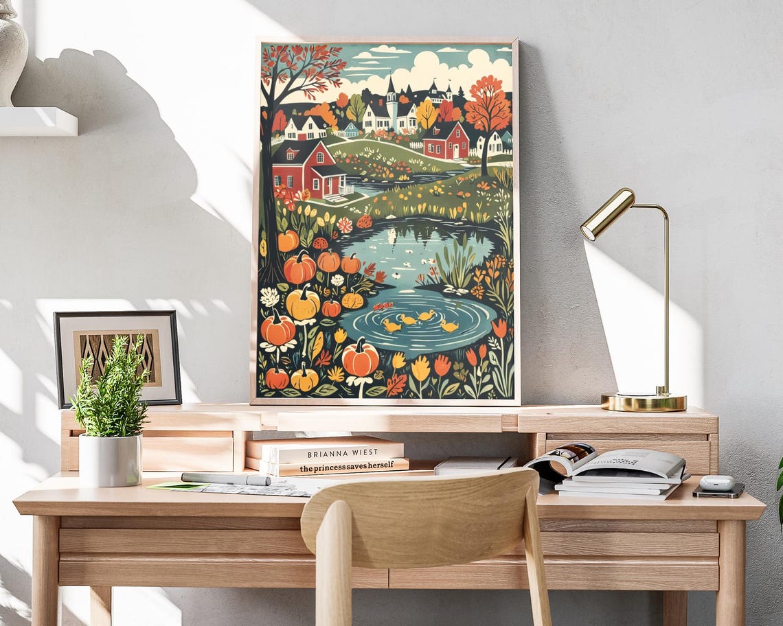 Autumn Pond Ducklings Pumpkins Village Church Thanksgiving Poster - Image 4