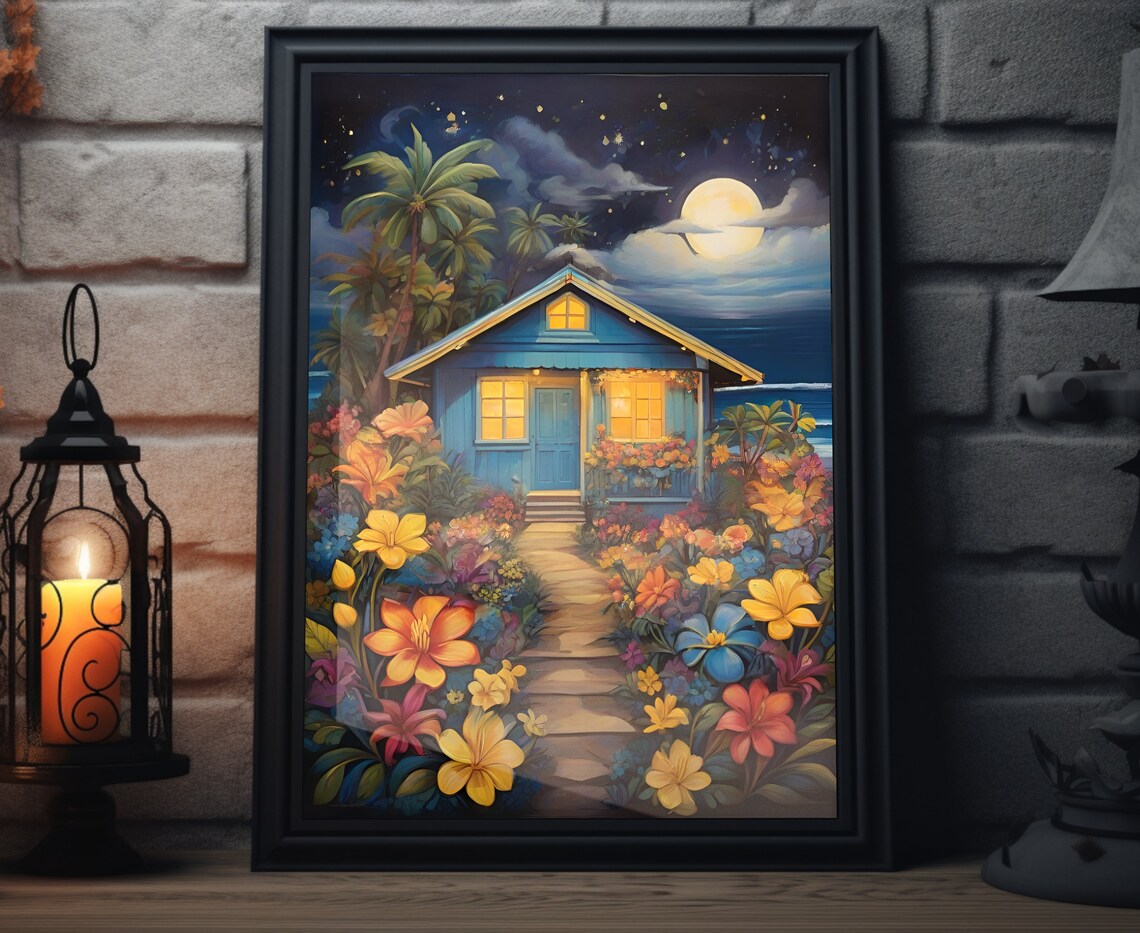 Hawaii Starry Night, Hawaiian Folk Art Poster