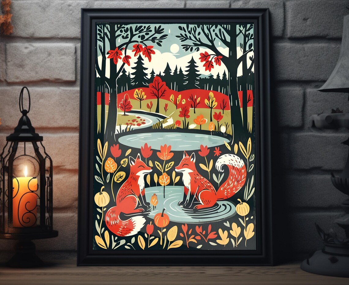 Two Red Foxes By Moonlit Pond Autumn Forest Foliage Woodland Art Poster