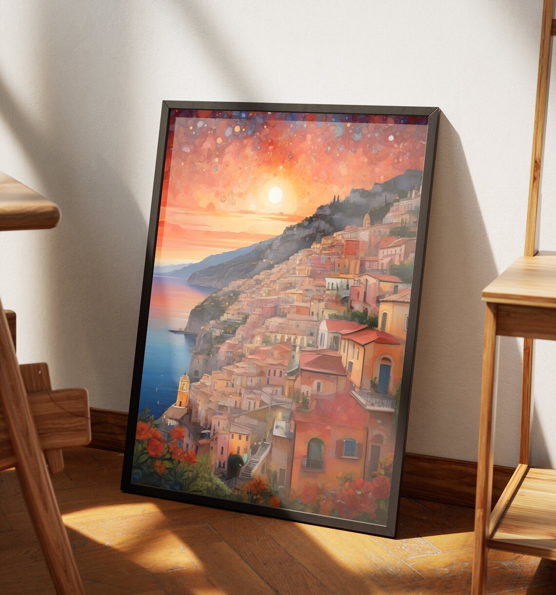Italy Coastal Hillside Town Sunset Orange Sky Mediterranean View Poster - Image 4