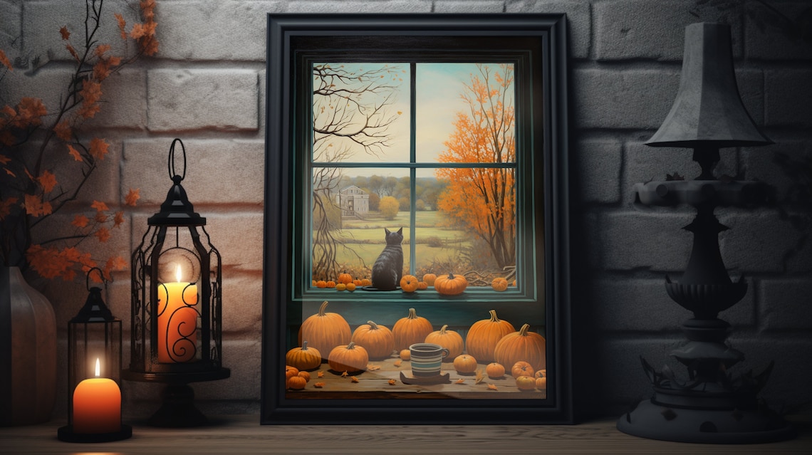 Black Cat Pumpkins Thanksgiving Folk Art Poster