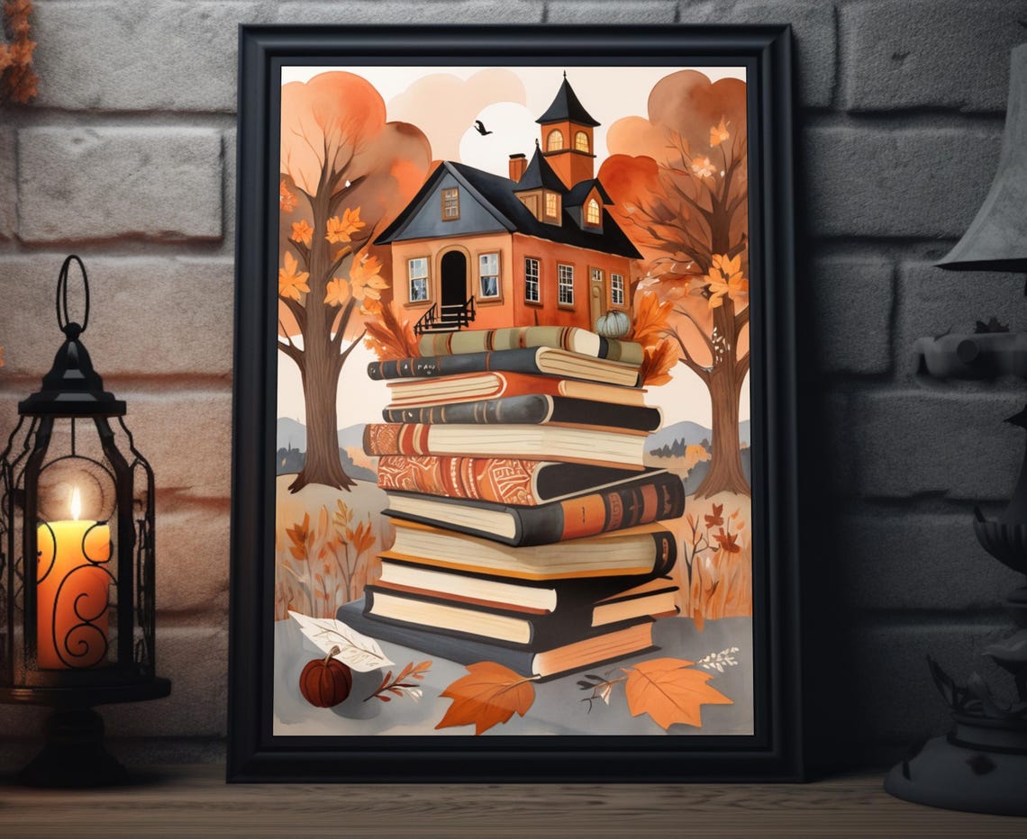 House On Book Stack Autumn Trees Whimsical Reading Art Poster