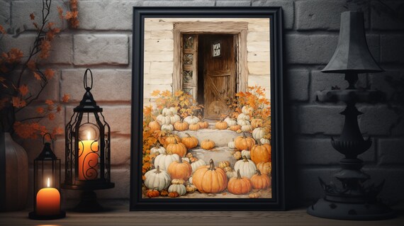 Rustic Wooden Door Pumpkin Steps Farmhouse Fall Decor Poster