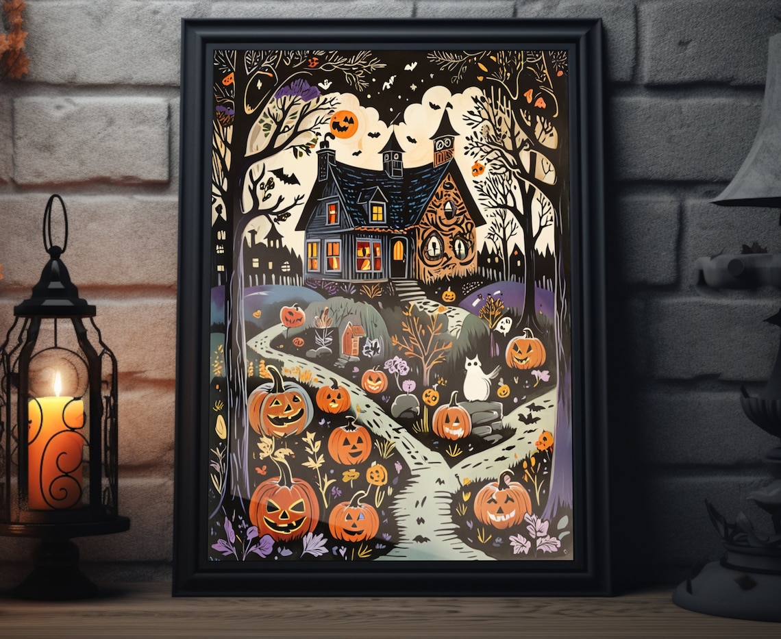 Haunted Halloween House Jack O Lantern Path White Cat Moonlight Art Poster