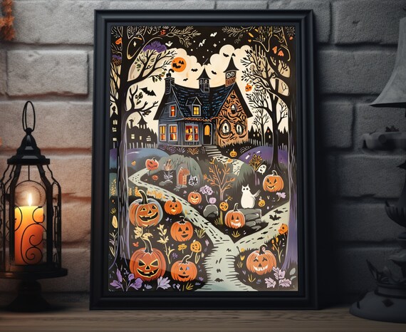 Haunted Halloween House Jack O Lantern Path White Cat Moonlight Art Poster