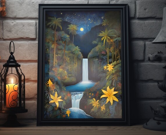 Hawaii Starry Night Waterfall Tropical Jungle Moon Glow Poster