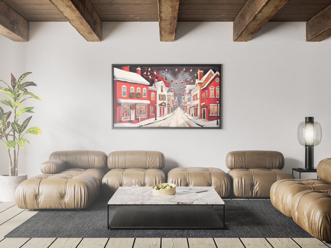Folk Art Red Christmas Town Street Snowy Lights Holiday Wall Art - Image 3