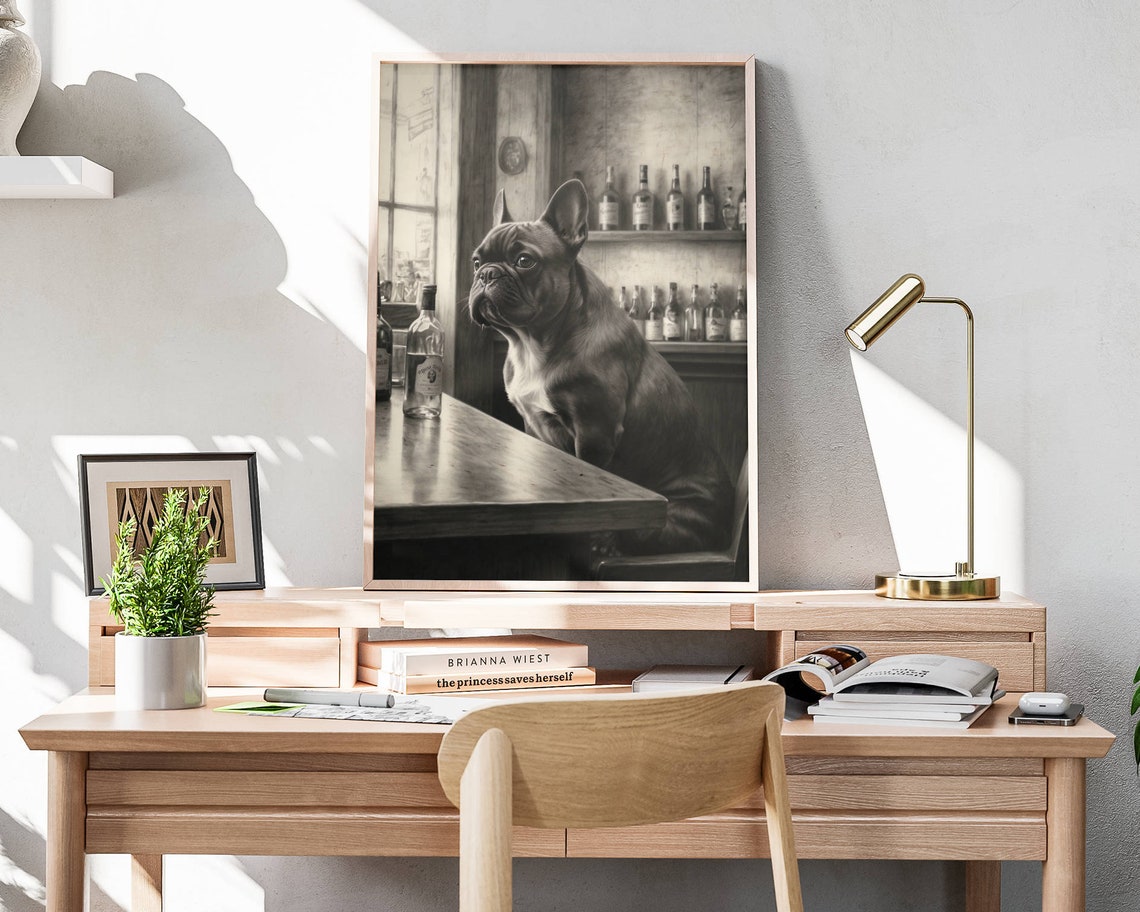French Bulldog Side Profile Sitting At Bar Black White Poster - Image 4