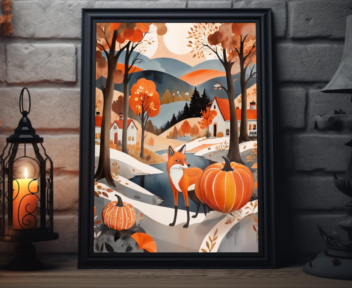 Autumn Red Fox Pumpkin Hillside Cottage Fall Foliage Art Poster