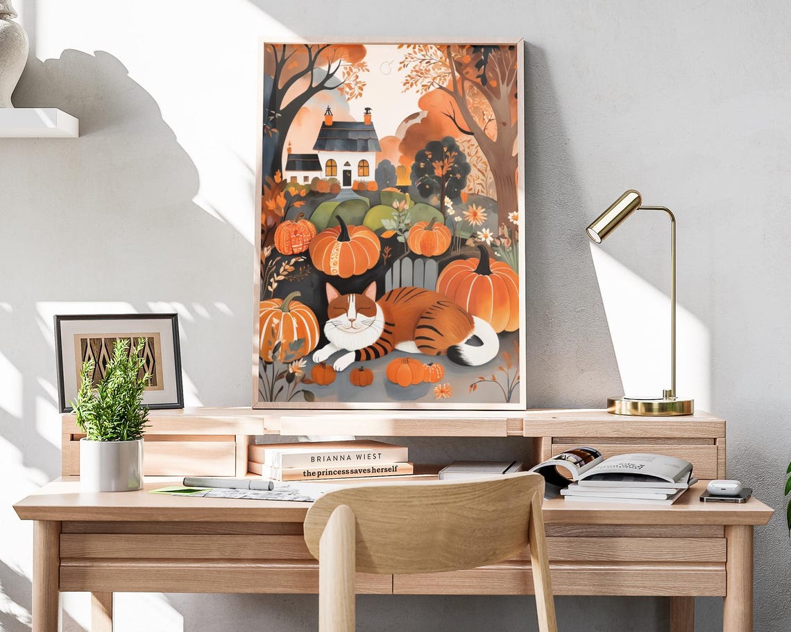 Orange Tabby Cat Pumpkins Cottage Garden Fall Folk Art Poster - Image 4