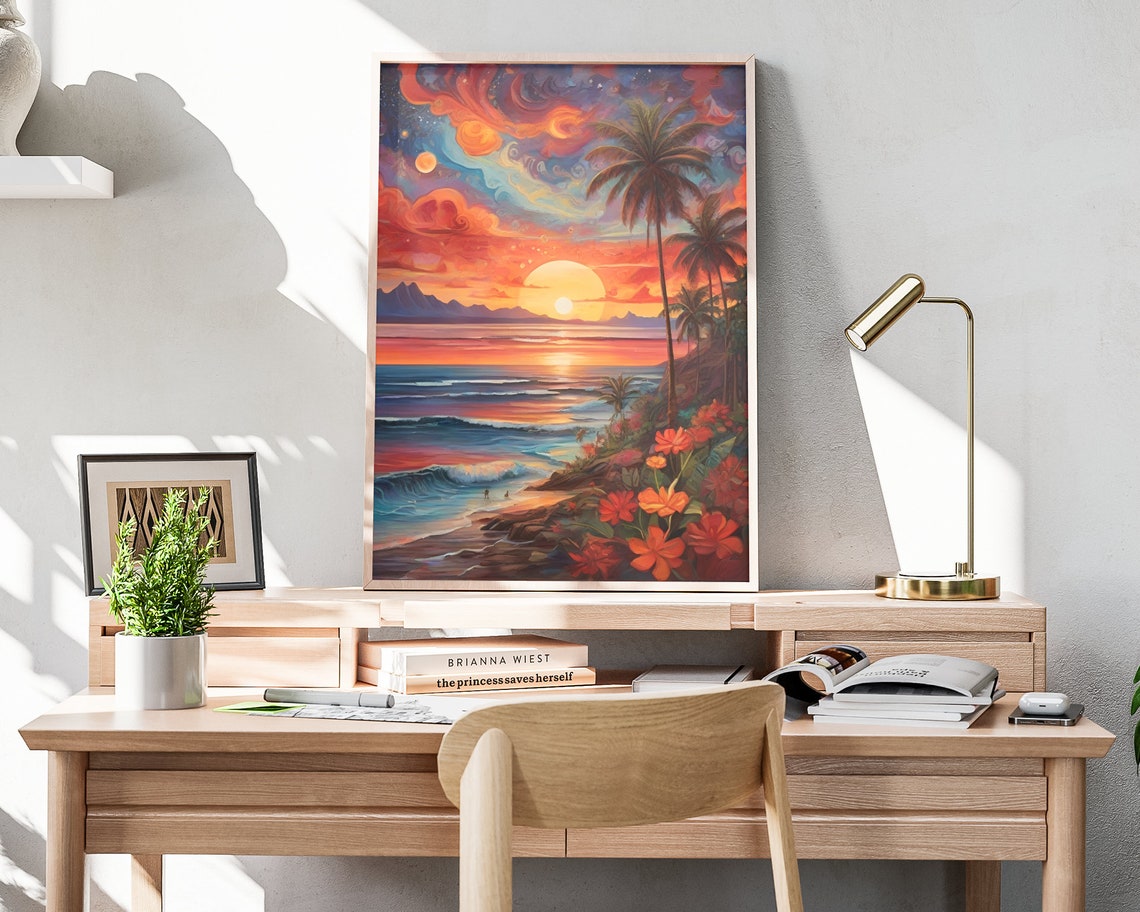 Hawaii Tropical Beach Sunset Palm Trees Starry Swirling Sky Poster - Image 3
