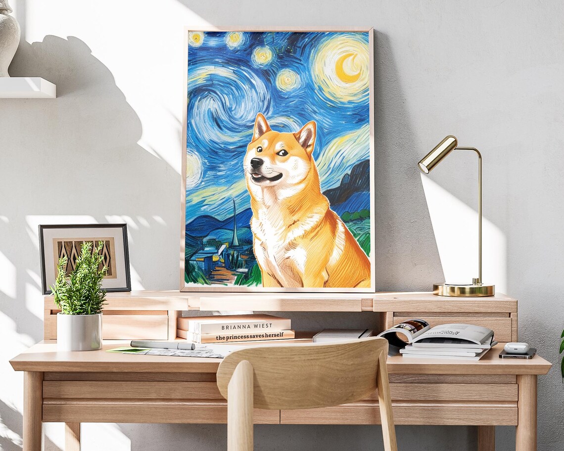 Doge Shiba Inu Starry Night Van Gogh Inspired Crypto Meme Art Poster - Image 4