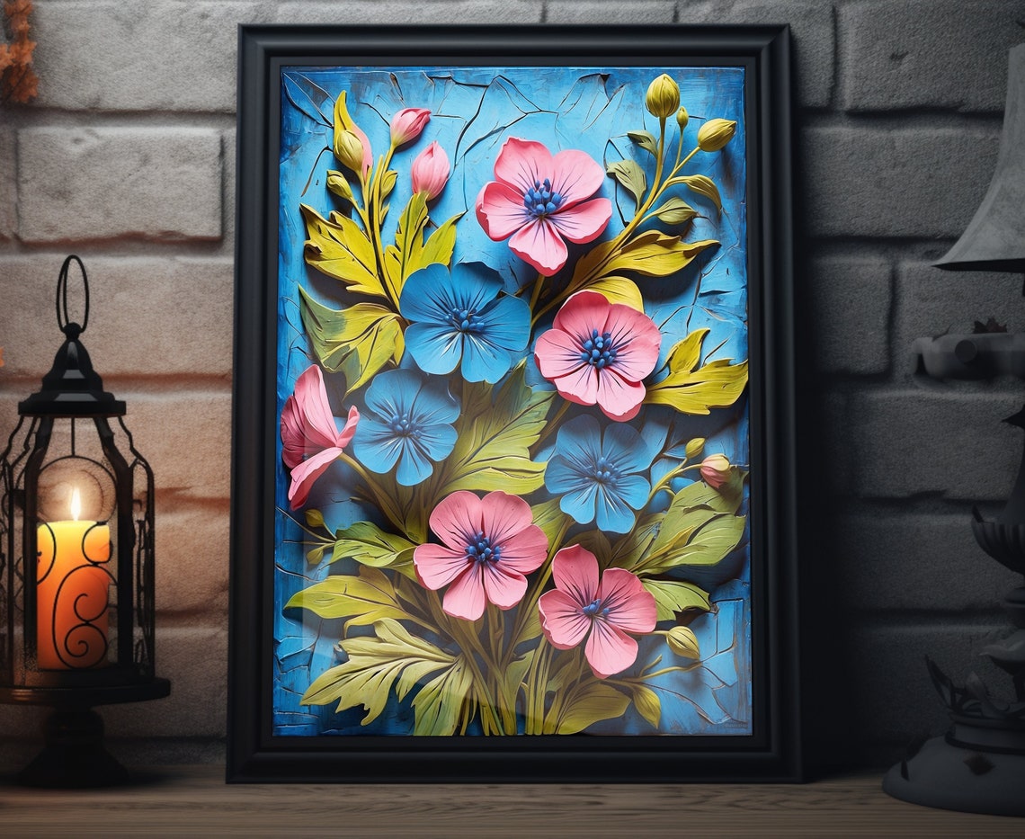 Blue Floral Sculpted 3D Flowers Textured Spring Botanical Poster