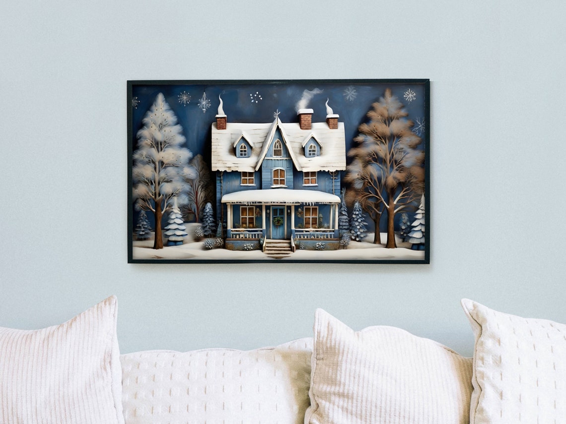 Snowy Blue Victorian House Folk Art Winter Night Scene Wall Art - Image 2