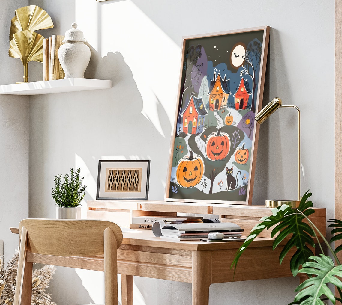 Halloween Village Jack O Lanterns Black Cat Moonlit Night Poster - Image 3