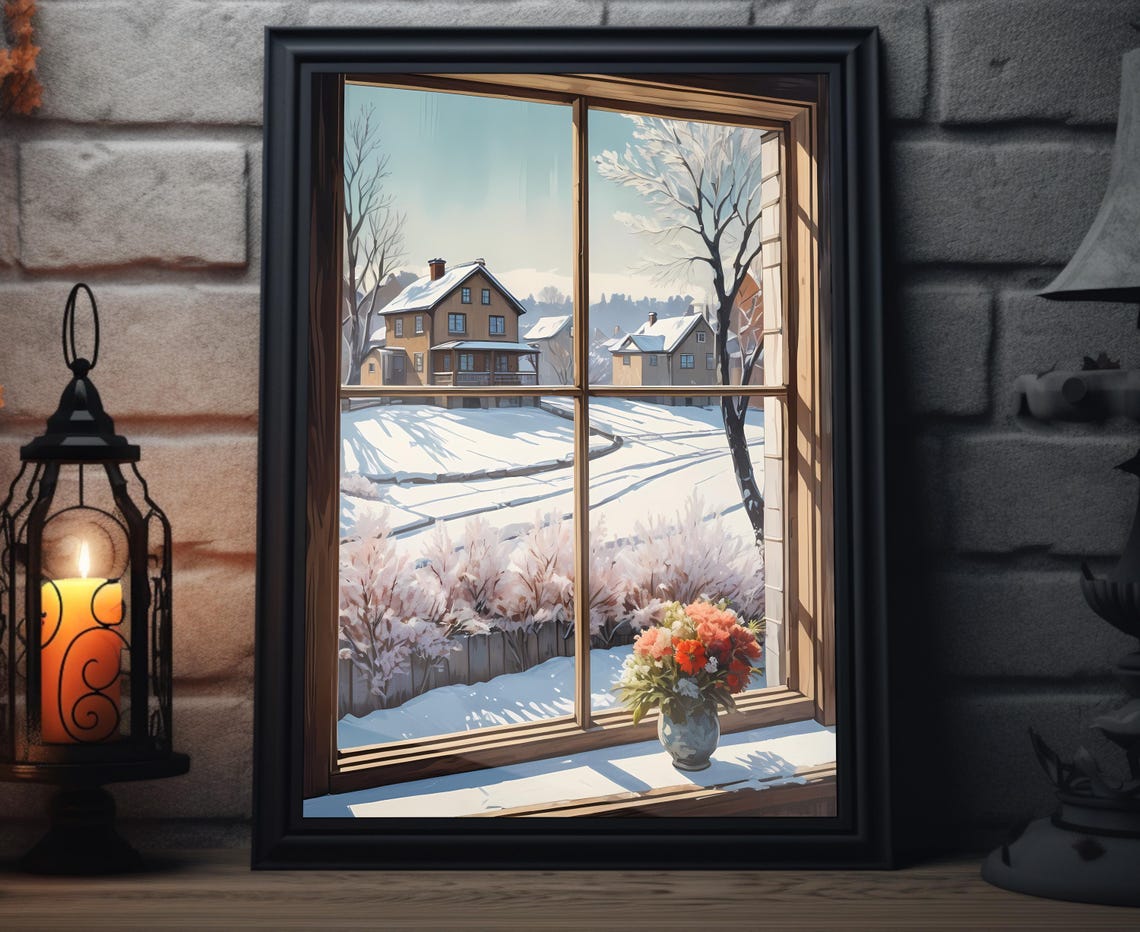 Snowy Village Through Open Window Winter Morning Scene Wall Art Poster