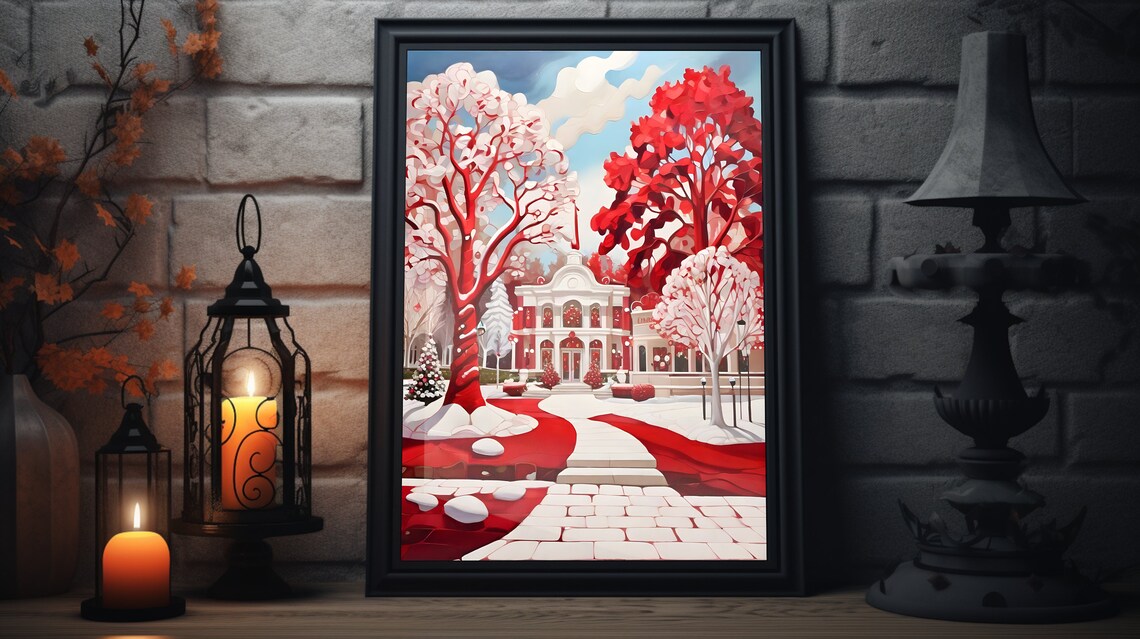 Christmas Town Folk Art Red Winter Village Snowy Manor Painting Poster