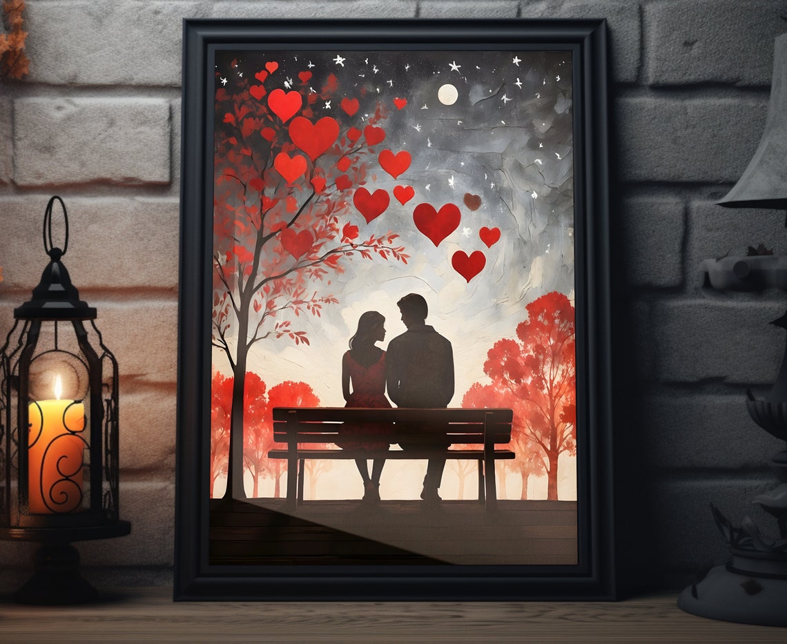 Valentines Couple Park Bench Heart Tree Starry Night Romantic Poster
