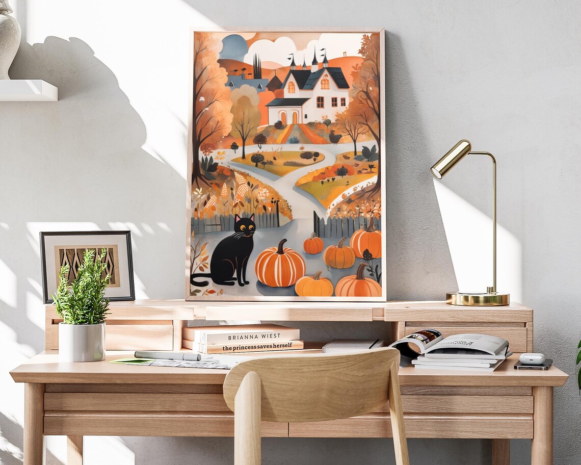 Fall Black Cat Folk Art Pumpkins Farmhouse Hill Autumn Village Scene Poster - Image 4