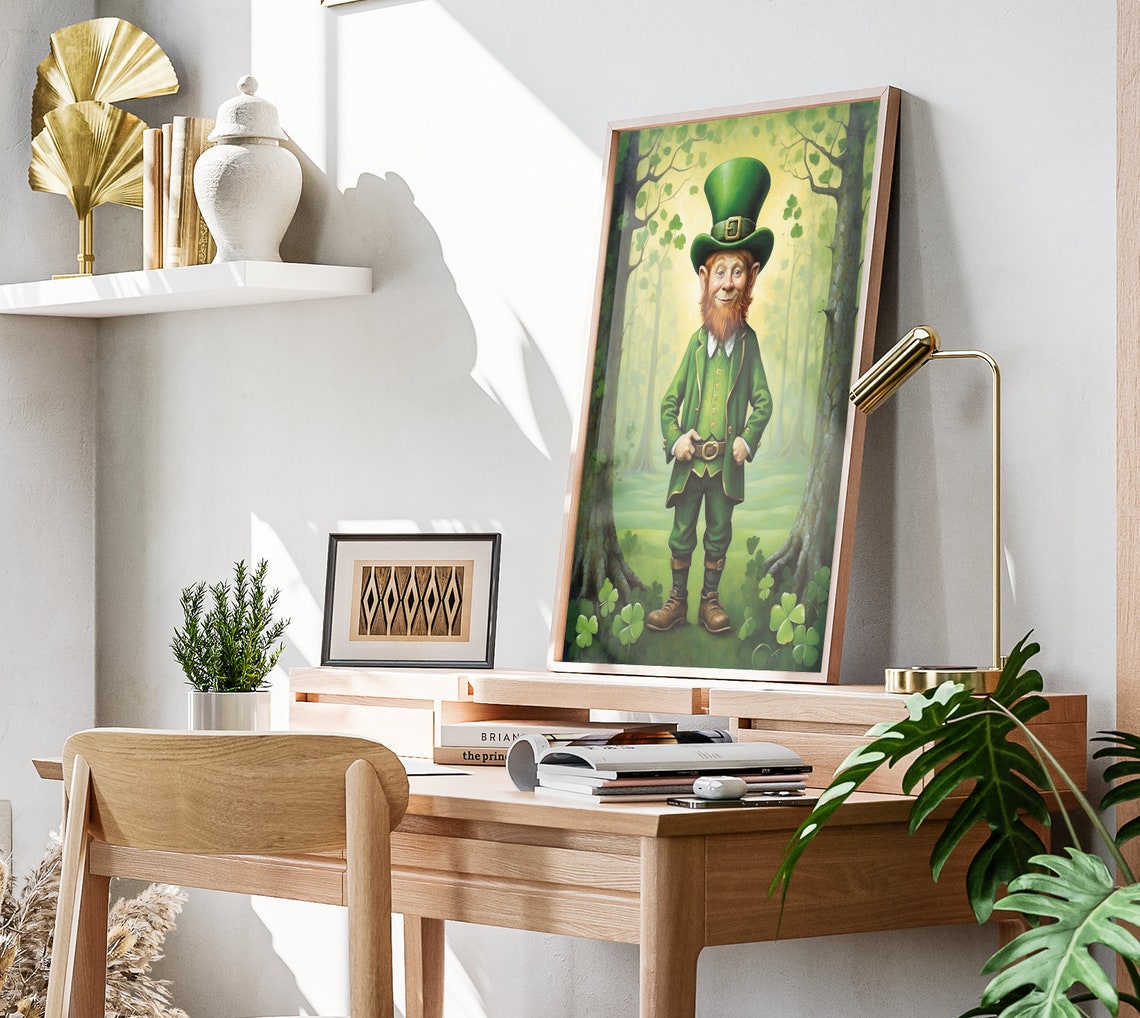 Cheerful Leprechaun Shamrock Forest St Patricks Day Folk Art Poster - Image 3