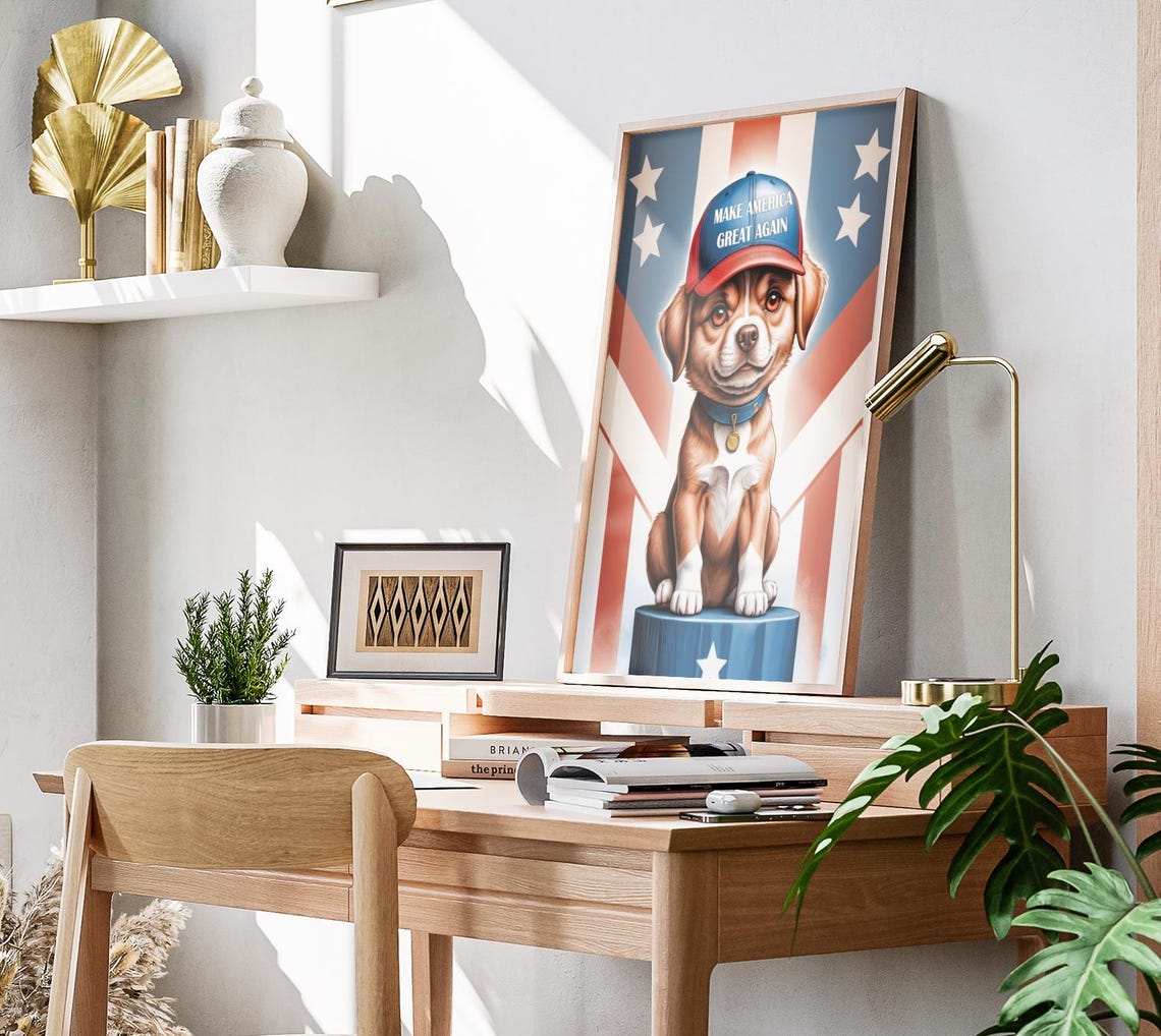 MAGA Puppy Caricature Red Blue Cap American Flag Cute Dog Poster - Image 3