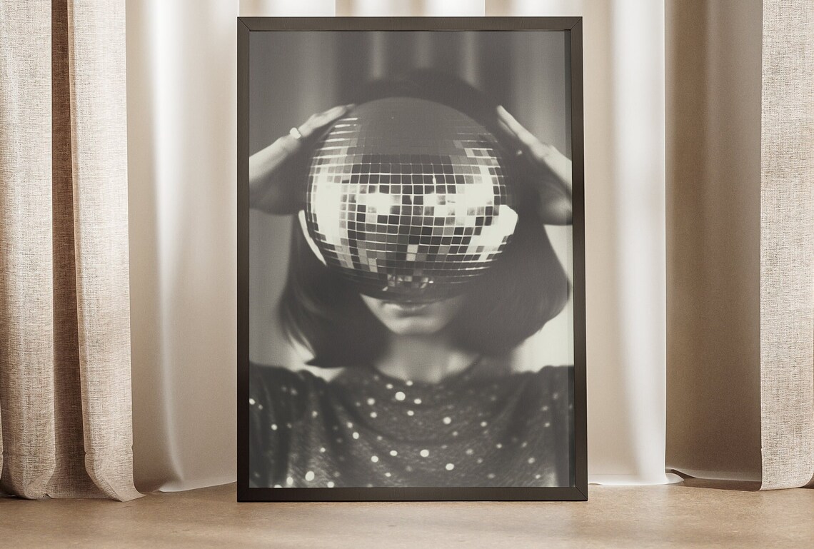 Woman Holding Disco Ball Over Face Black White Retro Party Glam Poster