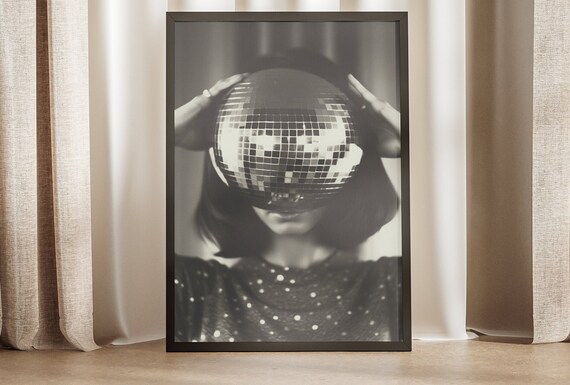 Woman Holding Disco Ball Over Face Black White Retro Party Glam Poster