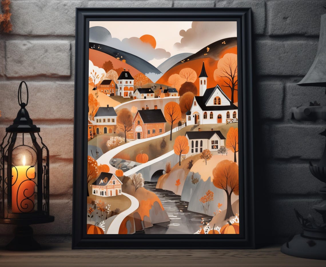 Cozy Fall Town Folk Art Autumn Village Pumpkins Harvest Poster