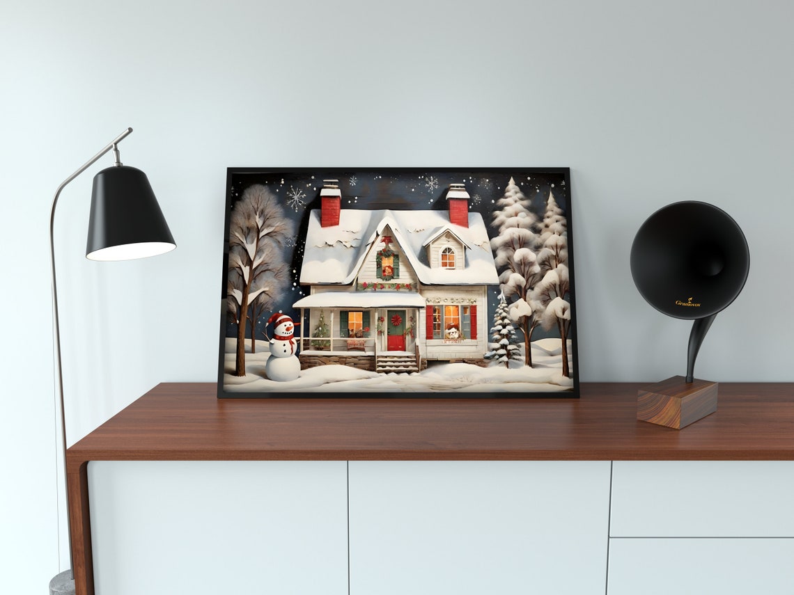 Snowy Christmas Cottage With Snowman Cozy Winter Night Art Poster - Image 4