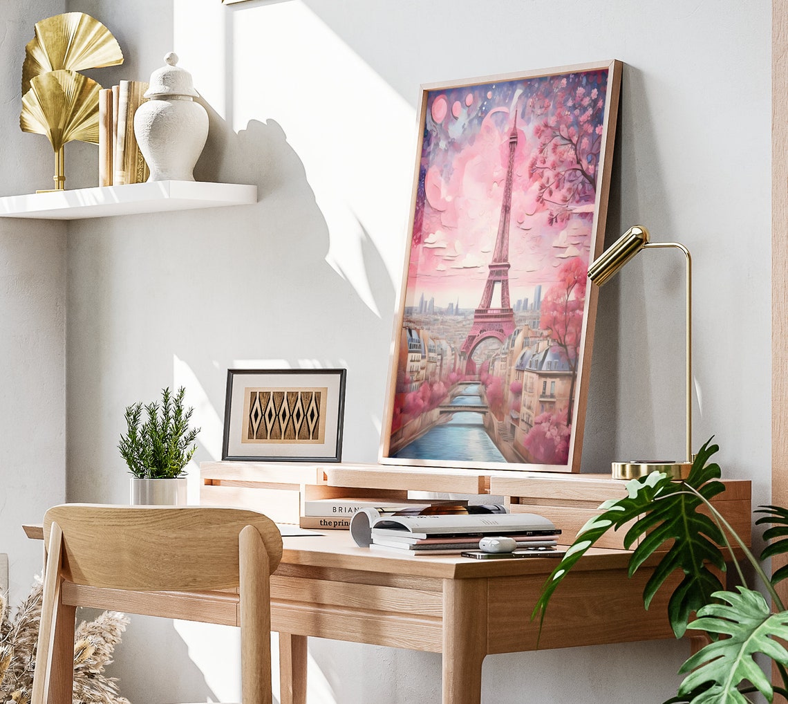 Paris Eiffel Tower Cherry Blossom Pink Sky Seine River Day View Poster - Image 2