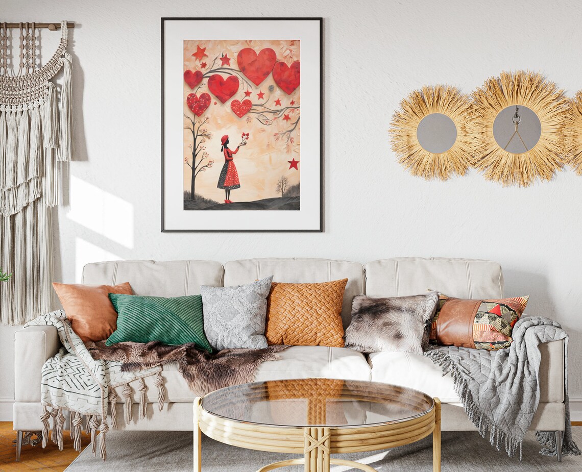 Valentine Girl Catching Hearts Heart Tree Love Folk Art Poster - Image 2