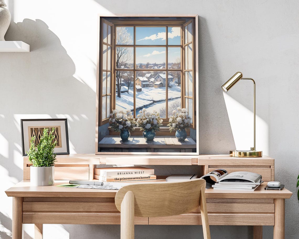 Snowy Village View Through Open Window White Flowers Art Poster - Image 4