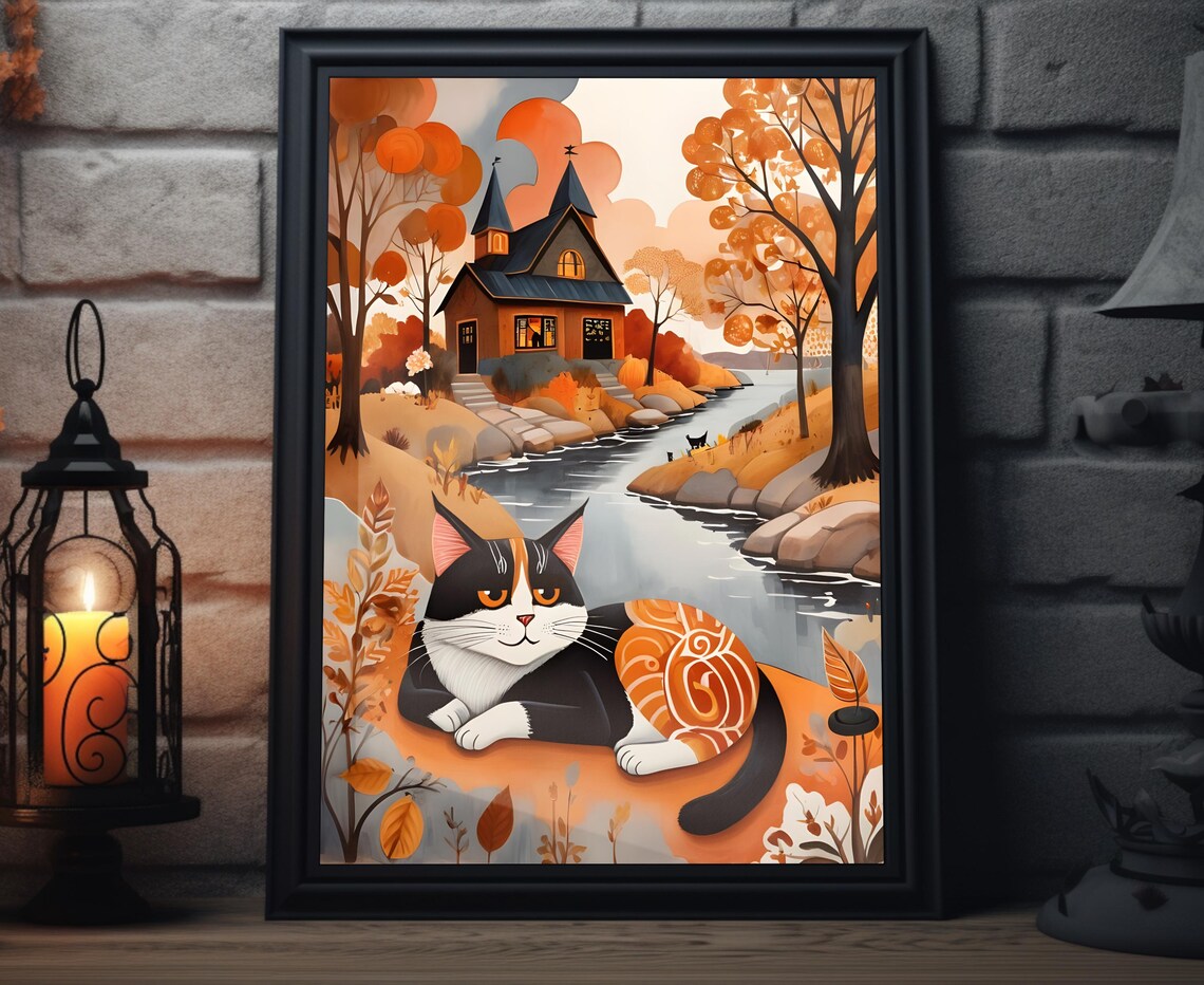 Calico Cat Lounging By Autumn River Church Cozy Folk Art Wall Poster