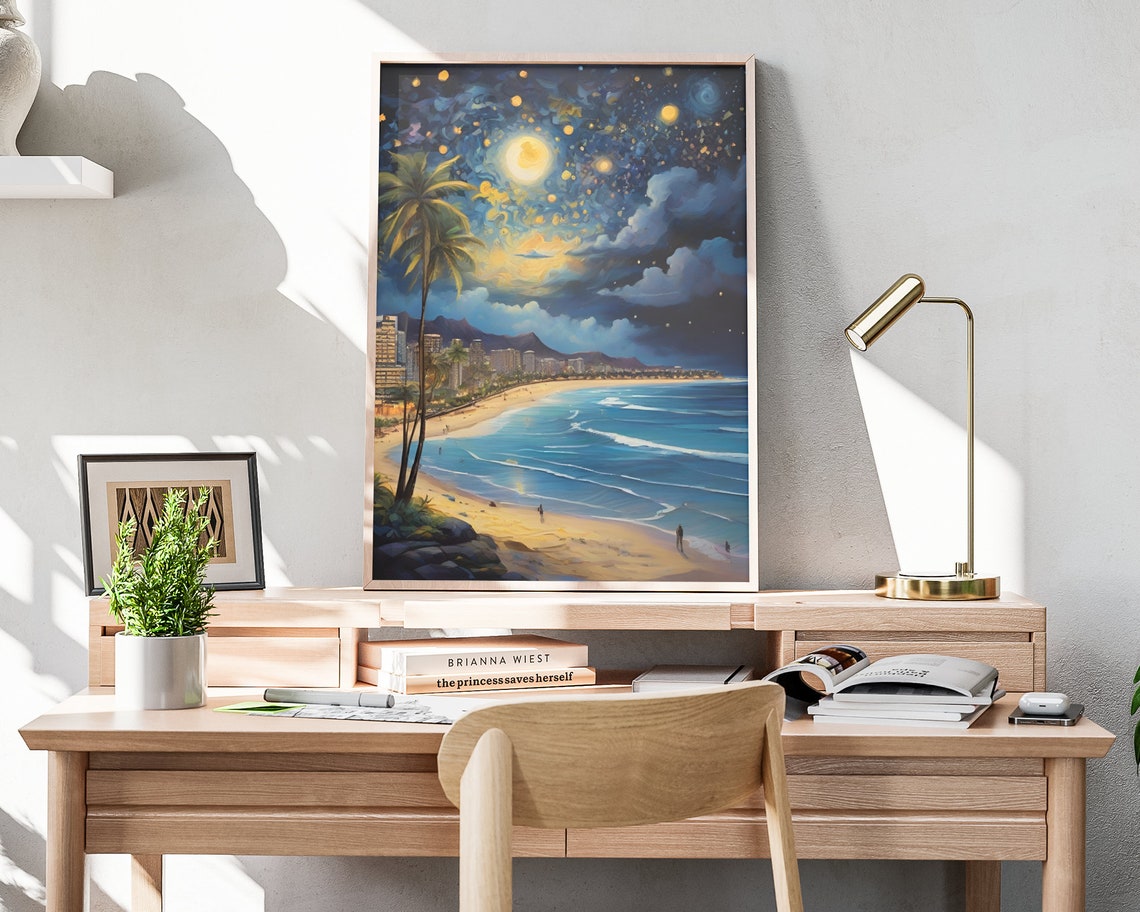 Hawaii Starry Night Matte Wall Art Hawaiian Beach Artwork Coastal Island Print Hawaii Painting Hawaiian Decor Hawaii Folk Art Poster - Image 3