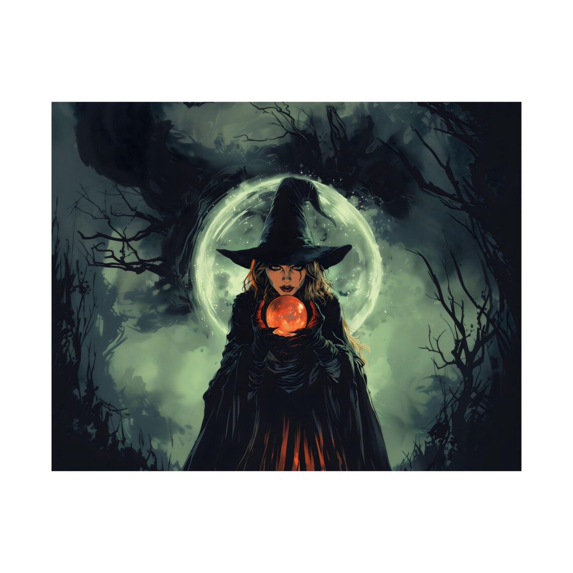 Witch Crystal Ball Glowing Full Moon Dark Forest Magic Halloween Poster - Image 4