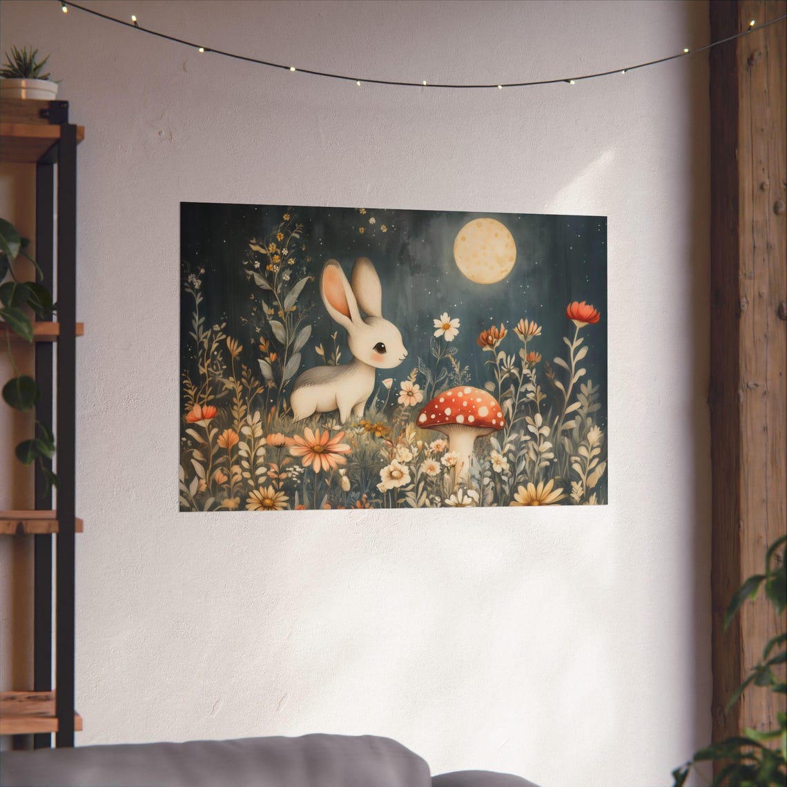 Little Sweet Bunny Under Full Moon With Red Mushroom Meadow Poster