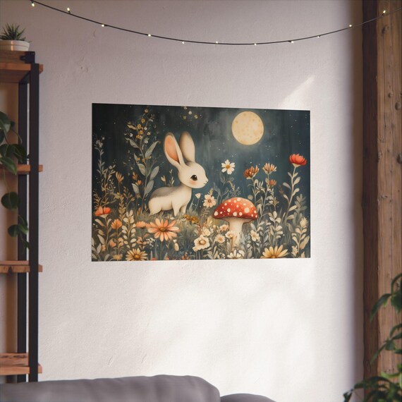 Little Sweet Bunny Under Full Moon With Red Mushroom Meadow Poster