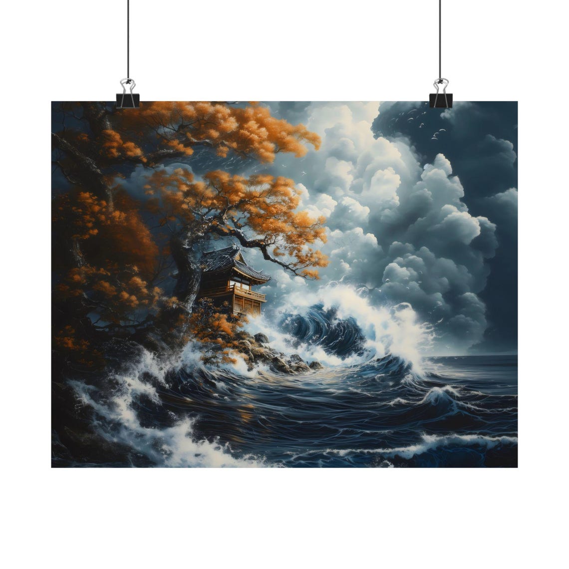 Dramatic Japanese Ocean Waves Crashing Near a Cliffside Temple Poster