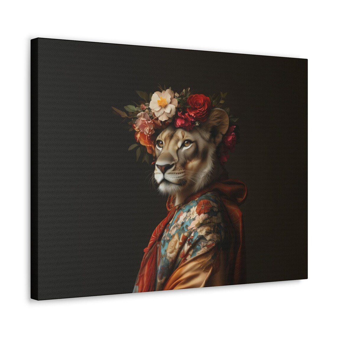 Lioness In Floral Crown And Kimono Robe Dark Maximalist Portrait Poster - Image 2