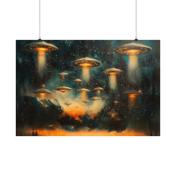 Psychedelic Ufo Swarm Poster Print Weird Ufo Landscape Modern Painting Fantasy Nature Rustic Wall Print Airbnb Art Wall Decor