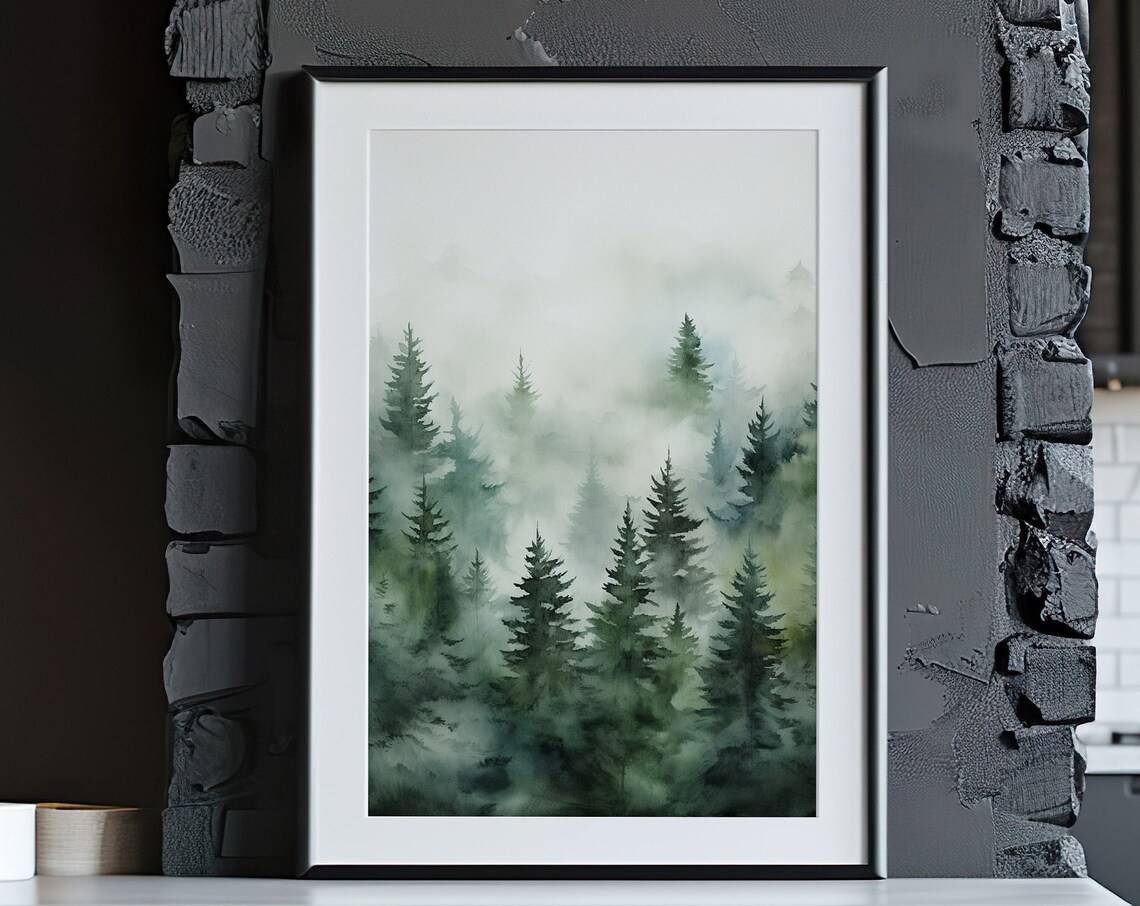 Green Foggy Fir Forest Watercolor Painting Poster for Calm Bedrooms