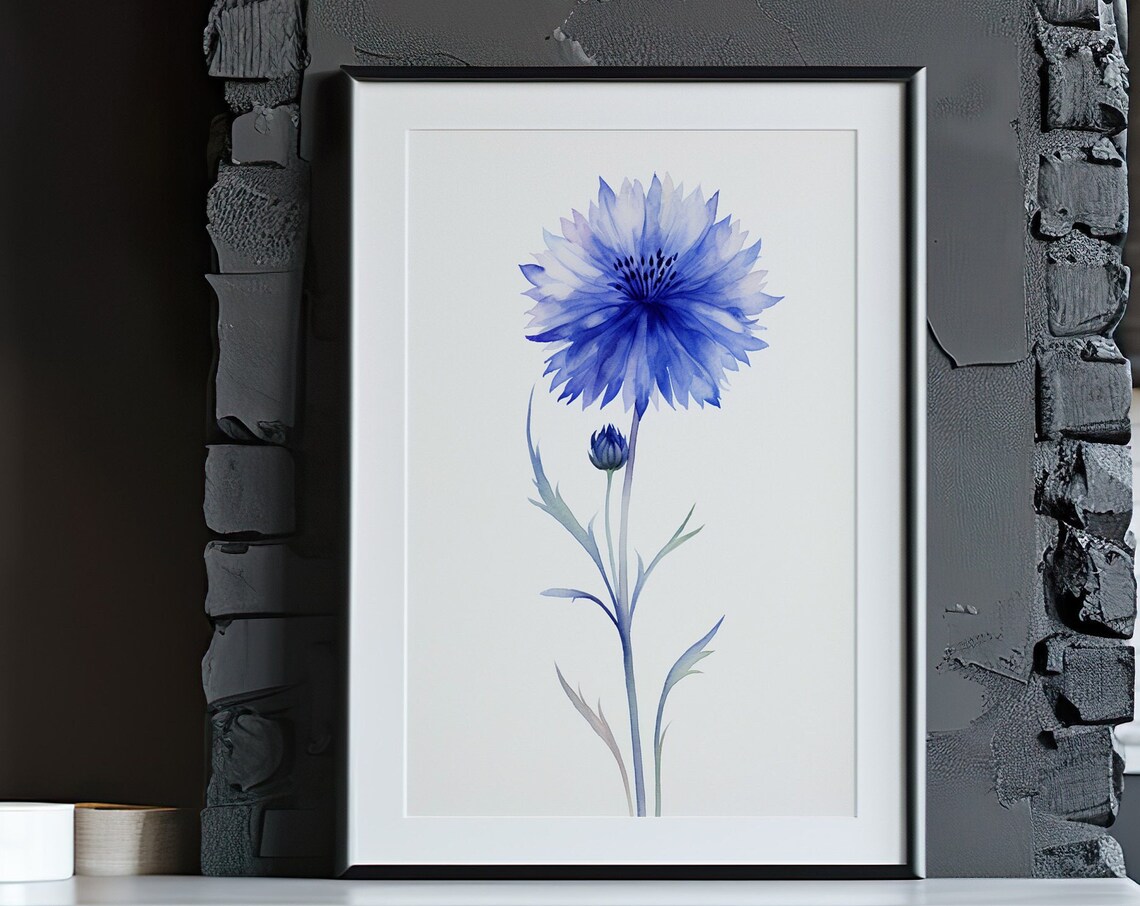 Single Blue Cornflower Bloom Watercolor Botanical Art Poster - Image 5