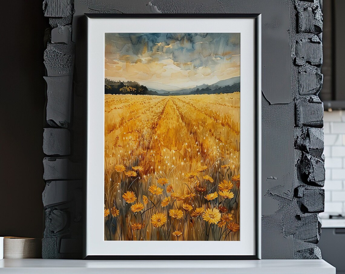 Golden Wheat Field With Daisies Watercolor Farm Landscape Poster - Image 5