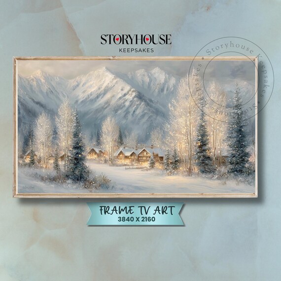 Snowy Mountain Village Cabins Winter Night Painting Art Poster