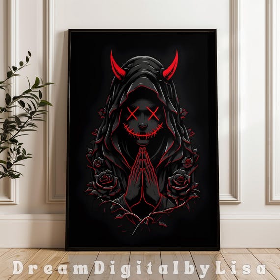Dark Art Cloaked Red Neon Devil Wall Art Gothic Roses Demon Artwork Dark Fantasy X Eyes Moody Satan Poster Print