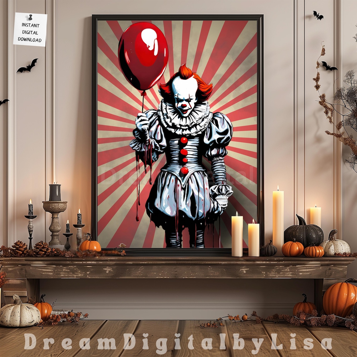 Scary Clown with Red Balloon Circus Sunburst Halloween Poster
