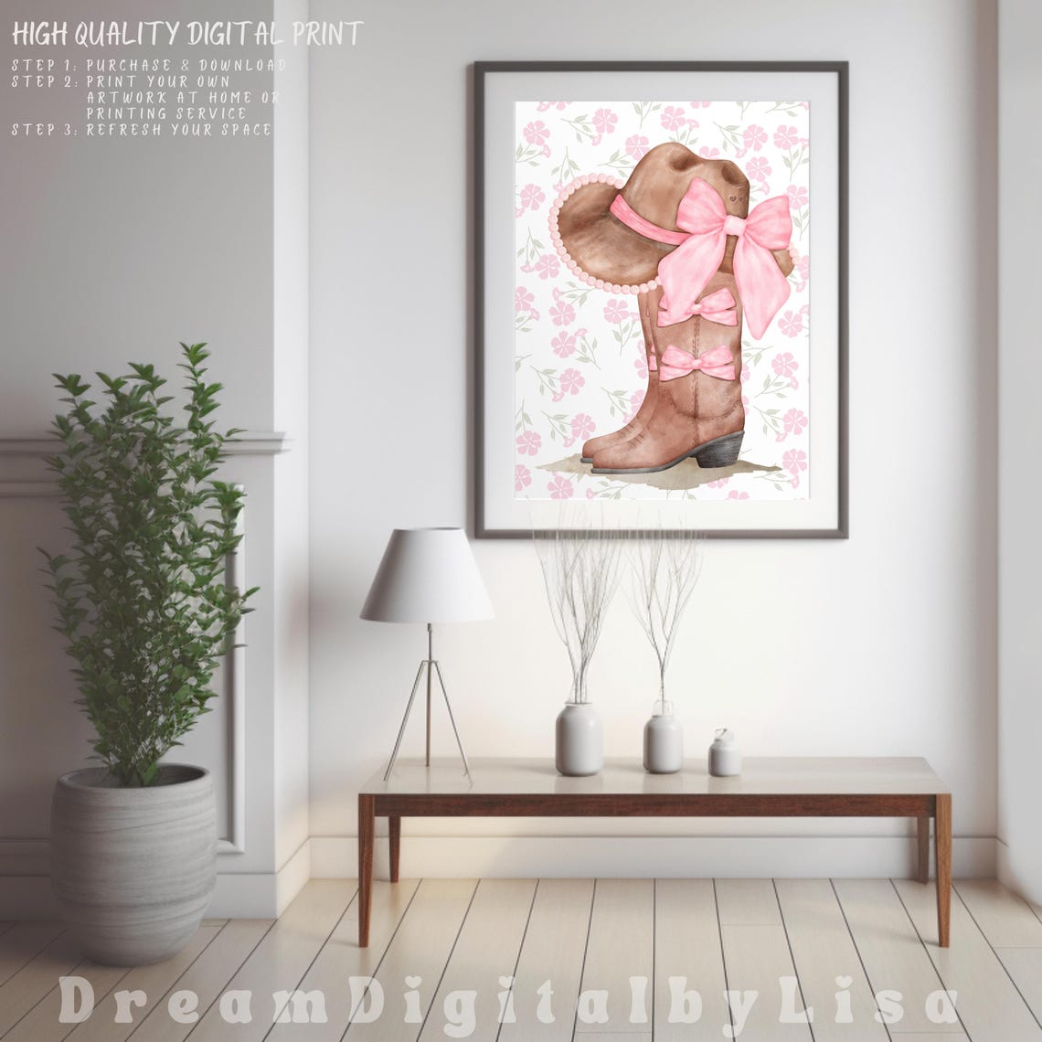 Coquette Cowgirl Watercolour Print Trendy Cowgirl Boots Cowgirl Hat Pink Bows Coquette Aesthetic Western Coquette Bow Art - Image 3