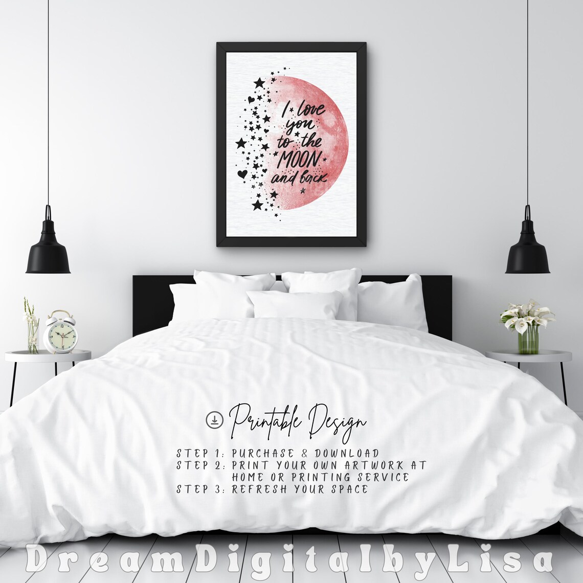 I Love You to the Moon and Back Red Watercolor Moon Romantic Poster - Image 2
