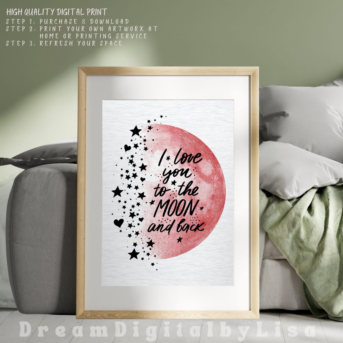 I Love You to the Moon and Back Red Watercolor Moon Romantic Poster - Image 4