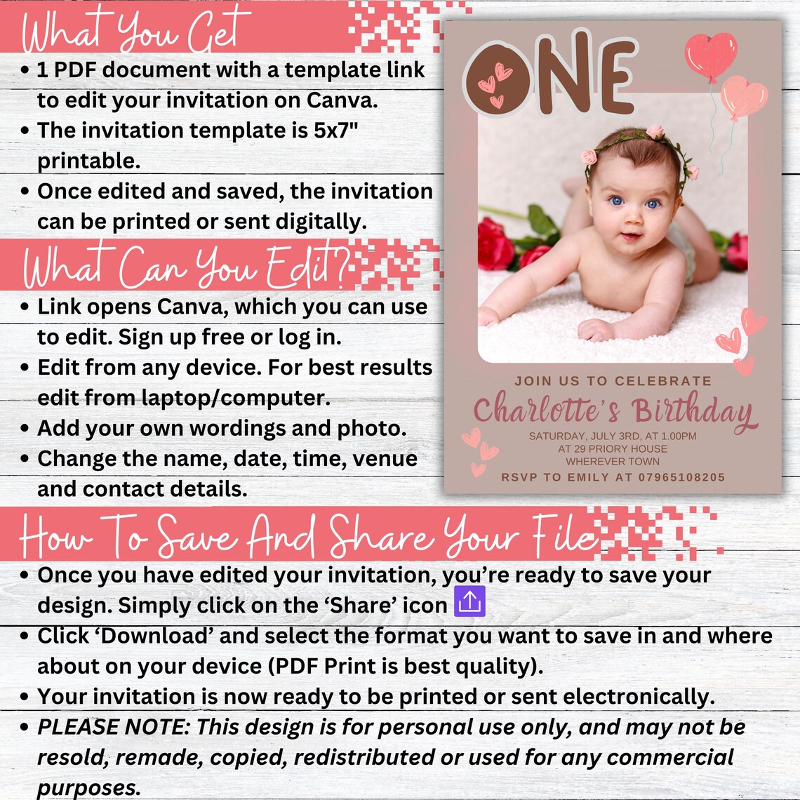 Baby Girl One First Birthday Photo Invitation Editable Poster - Image 2